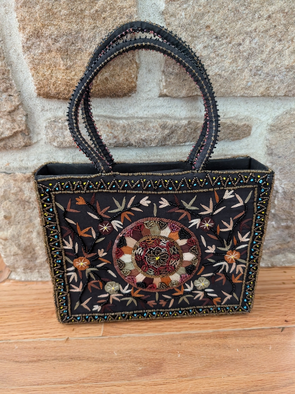 Vintage Black Embroidered Seed Bead Purse with Multicolor Floral Medallion